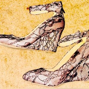 Barbie Pink Wedges with Black Lace Overlay